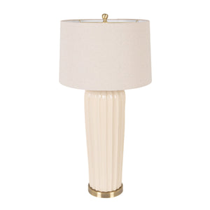 Rowena Interiors 33 Inch Ivory Stoneware Ribbed Column Lamp with Tapered Linen Shade Brass Detail EC2303