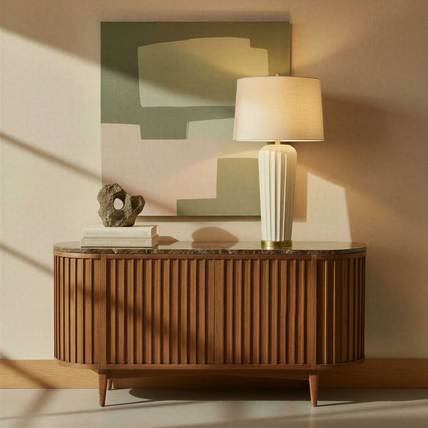 Rowena Interiors 33 Inch Ivory Stoneware Ribbed Column Lamp with Tapered Linen Shade Brass Detail EC2303