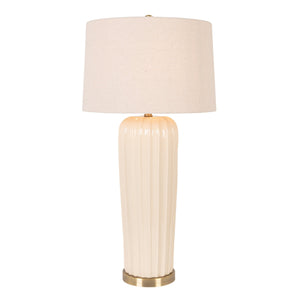Rowena Interiors 33 Inch Ivory Stoneware Ribbed Column Lamp with Tapered Linen Shade Brass Detail EC2303