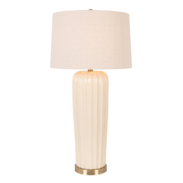 Rowena Interiors 33 Inch Ivory Stoneware Ribbed Column Lamp with Tapered Linen Shade Brass Detail EC2303