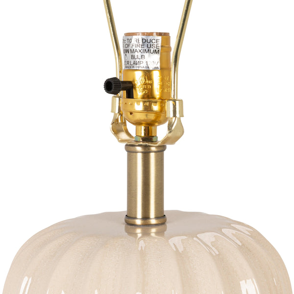Rowena Interiors 33 Inch Ivory Stoneware Ribbed Column Lamp with Tapered Linen Shade Brass Detail EC2303