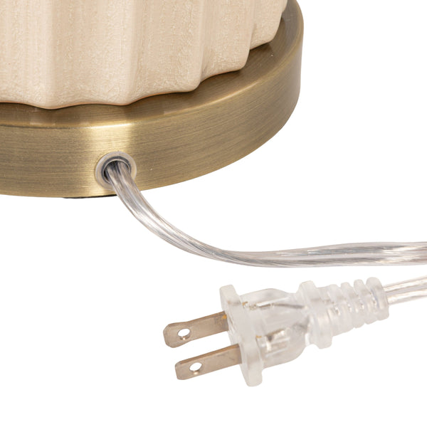 Rowena Interiors 33 Inch Ivory Stoneware Ribbed Column Lamp with Tapered Linen Shade Brass Detail EC2303