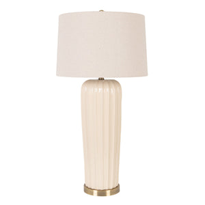 Rowena Interiors 33 Inch Ivory Stoneware Ribbed Column Lamp with Tapered Linen Shade Brass Detail EC2303