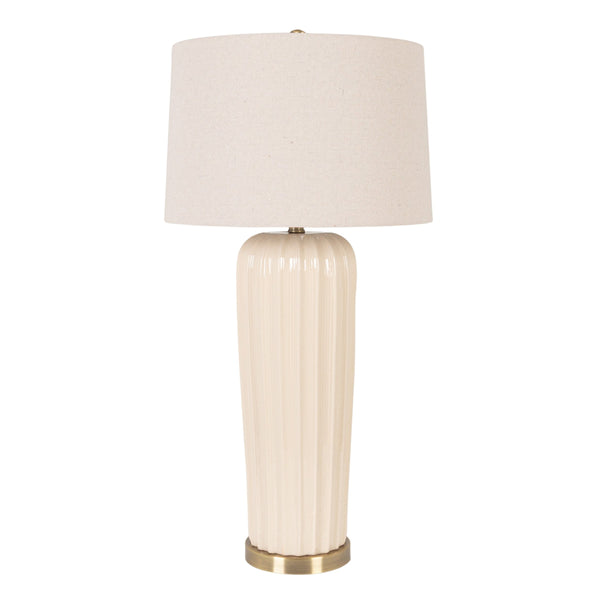 Rowena Interiors 33 Inch Ivory Stoneware Ribbed Column Lamp with Tapered Linen Shade Brass Detail EC2303