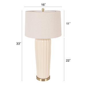 Rowena Interiors 33 Inch Ivory Stoneware Ribbed Column Lamp with Tapered Linen Shade Brass Detail EC2303
