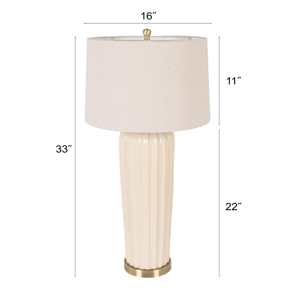 Rowena Interiors 33 Inch Ivory Stoneware Ribbed Column Lamp with Tapered Linen Shade Brass Detail EC2303