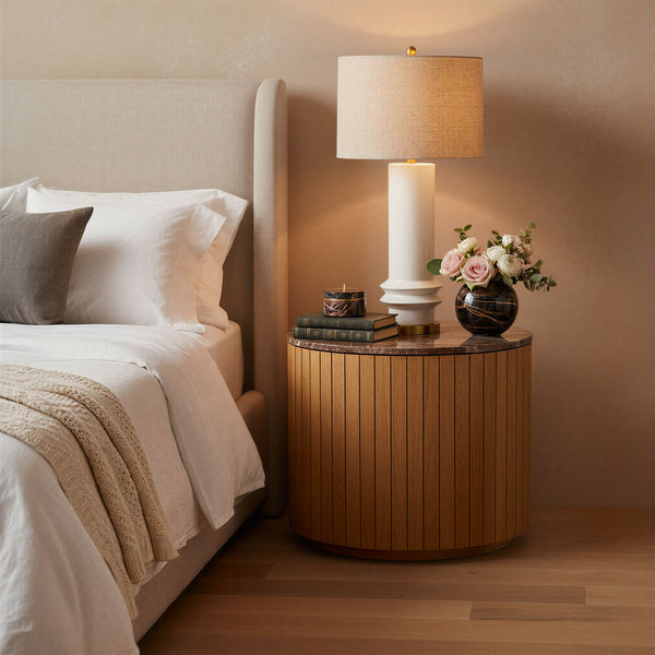 Rowena Interiors 31.5 Inch Handcrafted Stoneware Table Lamp with Ribbed Base and Natural Linen Shade EC2305