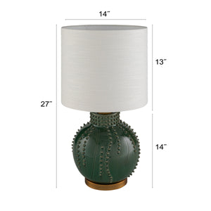 Rowena Interiors 24 Inch Handcrafted Stoneware Table Lamp Emerald Glazed Base with Natural Linen Drum Shade EC2306
