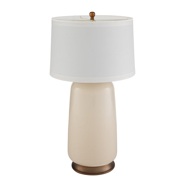 Rowena Interiors 32 Inch Ivory Glass Cylinder Table Lamp with Linen Drum Shade and Brushed Brass Detail EC2307