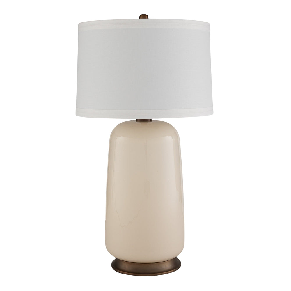 Rowena Interiors 32 Inch Ivory Glass Cylinder Table Lamp with Linen Drum Shade and Brushed Brass Detail EC2307