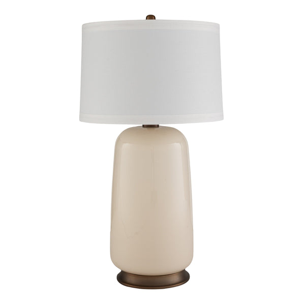 Rowena Interiors 32 Inch Ivory Glass Cylinder Table Lamp with Linen Drum Shade and Brushed Brass Detail EC2307