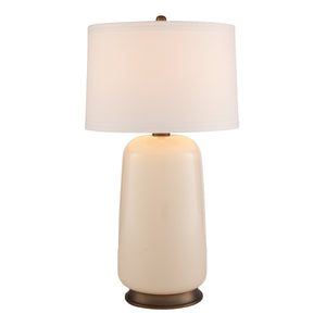 Rowena Interiors 32 Inch Ivory Glass Cylinder Table Lamp with Linen Drum Shade and Brushed Brass Detail EC2307