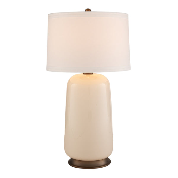 Rowena Interiors 32 Inch Ivory Glass Cylinder Table Lamp with Linen Drum Shade and Brushed Brass Detail EC2307