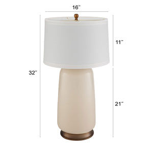 Rowena Interiors 32 Inch Ivory Glass Cylinder Table Lamp with Linen Drum Shade and Brushed Brass Detail EC2307