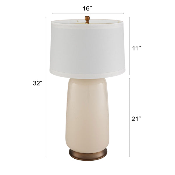 Rowena Interiors 32 Inch Ivory Glass Cylinder Table Lamp with Linen Drum Shade and Brushed Brass Detail EC2307