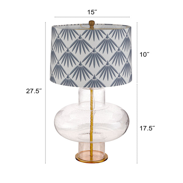 Rowena Interiors 27.5 Inch Seeded Glass Hourglass Table Lamp with Leaf Print Linen Drum Shade EC2309