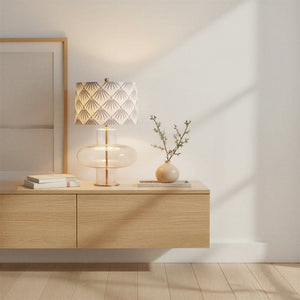 Rowena Interiors 27.5 Inch Seeded Glass Hourglass Table Lamp with Leaf Print Linen Drum Shade EC2309