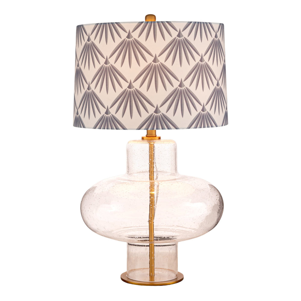 Rowena Interiors 27.5 Inch Seeded Glass Hourglass Table Lamp with Leaf Print Linen Drum Shade EC2309