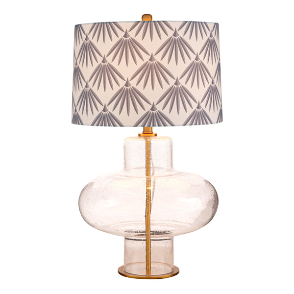 Rowena Interiors 27.5 Inch Seeded Glass Hourglass Table Lamp with Leaf Print Linen Drum Shade EC2309