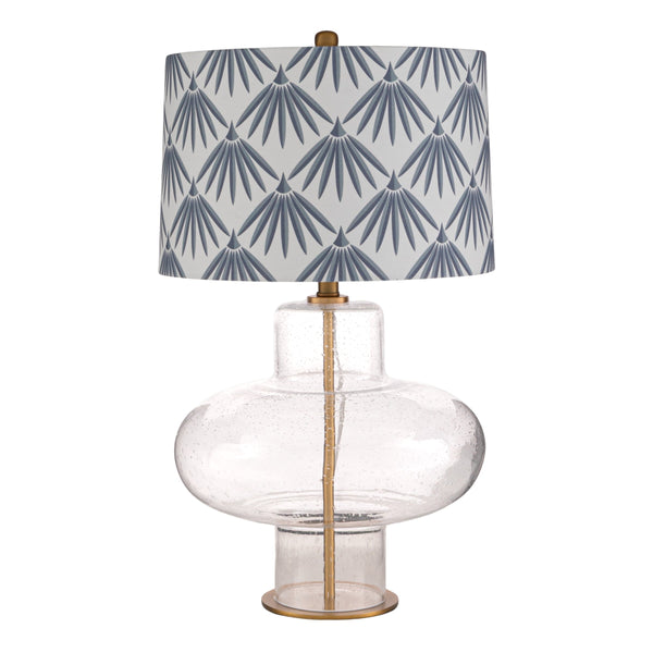 Rowena Interiors 27.5 Inch Seeded Glass Hourglass Table Lamp with Leaf Print Linen Drum Shade EC2309