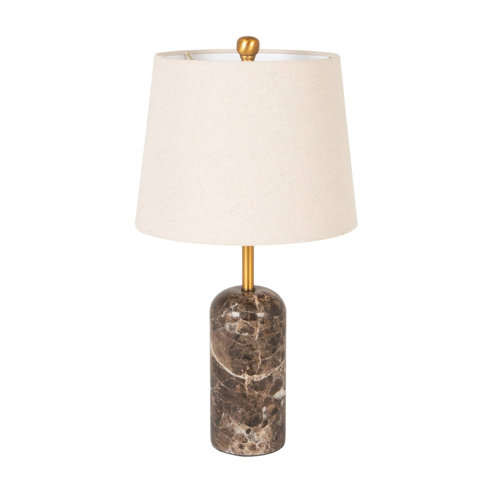 Rowena Interiors 21.5 Inch Solid Marble Column Table Lamp with Gold Hardware and Cream Linen Shade EC2311