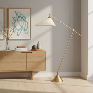 Rowena Interiors 69.5 Inch Articulating Iron Floor Lamp Brushed Gold Arm with Linen Shade for Modern Interiors EC2312MC