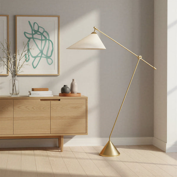 Rowena Interiors 69.5 Inch Articulating Iron Floor Lamp Brushed Gold Arm with Linen Shade for Modern Interiors EC2312MC