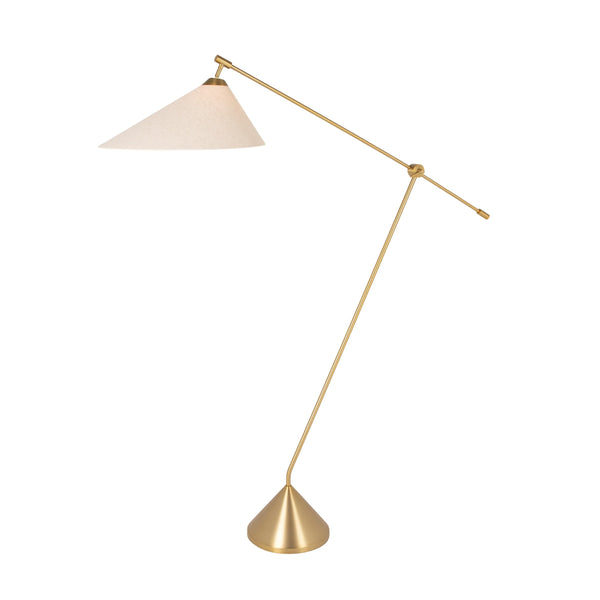 Rowena Interiors 69.5 Inch Articulating Iron Floor Lamp Brushed Gold Arm with Linen Shade for Modern Interiors EC2312MC