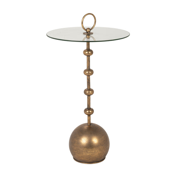 Rowena Interiors Stacked Orb Accent Table Antiqued Gold Steel Base with Round Tempered Glass Top EC2313
