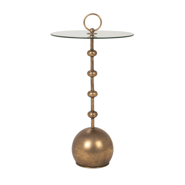 Rowena Interiors Stacked Orb Accent Table Antiqued Gold Steel Base with Round Tempered Glass Top EC2313