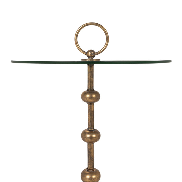 Rowena Interiors Stacked Orb Accent Table Antiqued Gold Steel Base with Round Tempered Glass Top EC2313