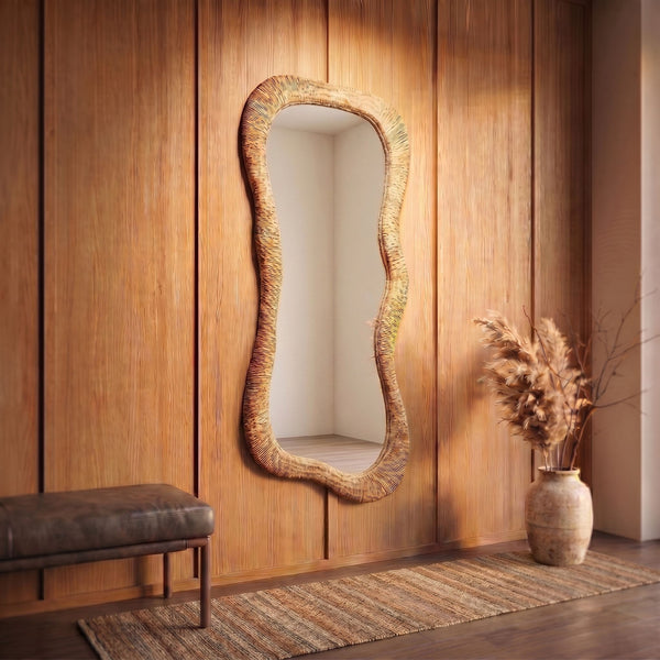 Rowena Interiors Organic Wavy Full Length Wall Mirror with Handcrafted Natural Fiber Woven Frame EC2331