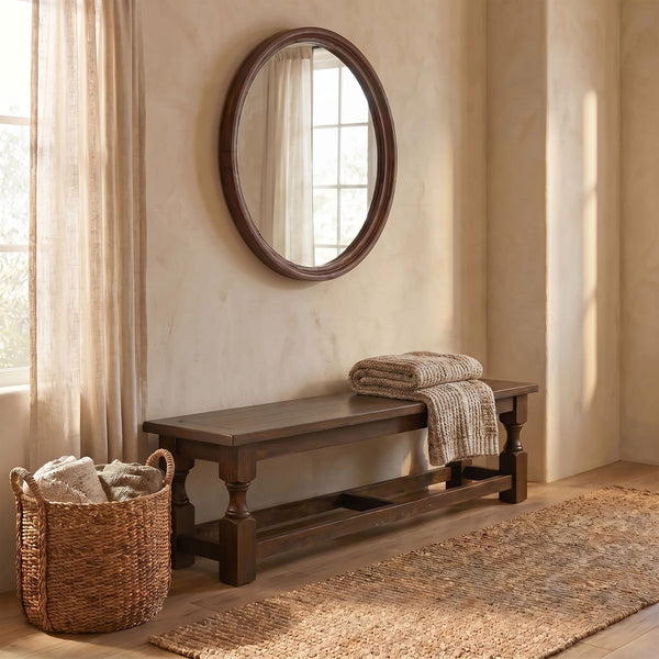 Rowena Interiors Mango Wood Entryway Bench Solid Handcrafted Farmhouse Seat with Turned Legs EC2335