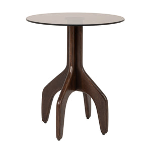 Rowena Interiors Round Smoked Tempered Glass Top Accent Table with Sculptural Mango Wood Branch Base 19.5"L x 19.5"W x 21.75"H EC2336
