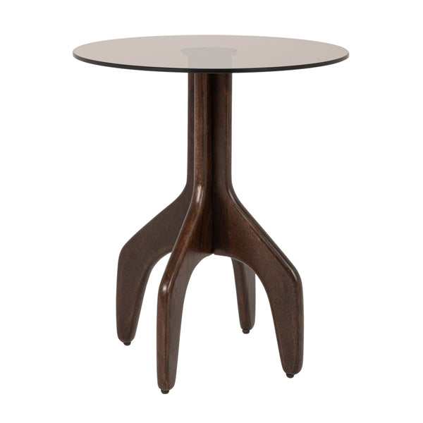 Rowena Interiors Round Smoked Tempered Glass Top Accent Table with Sculptural Mango Wood Branch Base 19.5"L x 19.5"W x 21.75"H EC2336