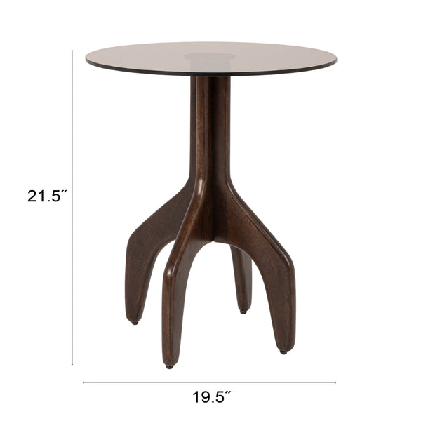 Rowena Interiors Round Smoked Tempered Glass Top Accent Table with Sculptural Mango Wood Branch Base 19.5"L x 19.5"W x 21.75"H EC2336