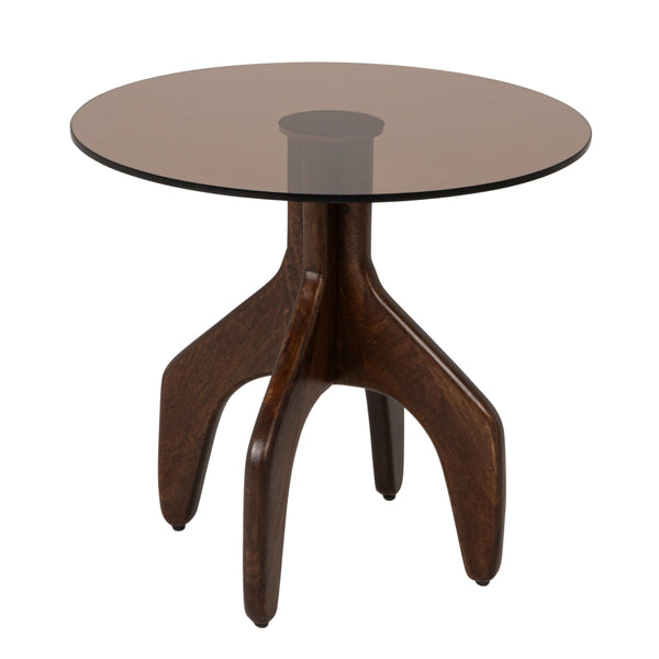 Rowena Interiors Round Smoked Tempered Glass Top Accent Table with Sculptural Mango Wood Branch Base 19.5"L x 19.5"W x 19.5"H EC2337