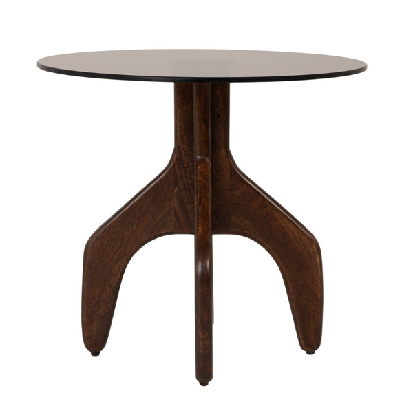 Rowena Interiors Round Smoked Tempered Glass Top Accent Table with Sculptural Mango Wood Branch Base 19.5"L x 19.5"W x 19.5"H EC2337