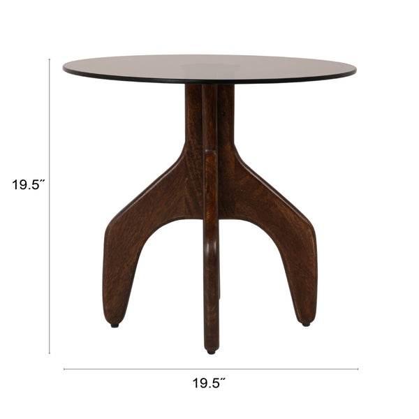 Rowena Interiors Round Smoked Tempered Glass Top Accent Table with Sculptural Mango Wood Branch Base 19.5"L x 19.5"W x 19.5"H EC2337