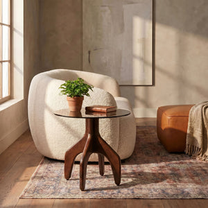 Rowena Interiors Round Smoked Tempered Glass Top Accent Table with Sculptural Mango Wood Branch Base 19.5"L x 19.5"W x 19.5"H EC2337