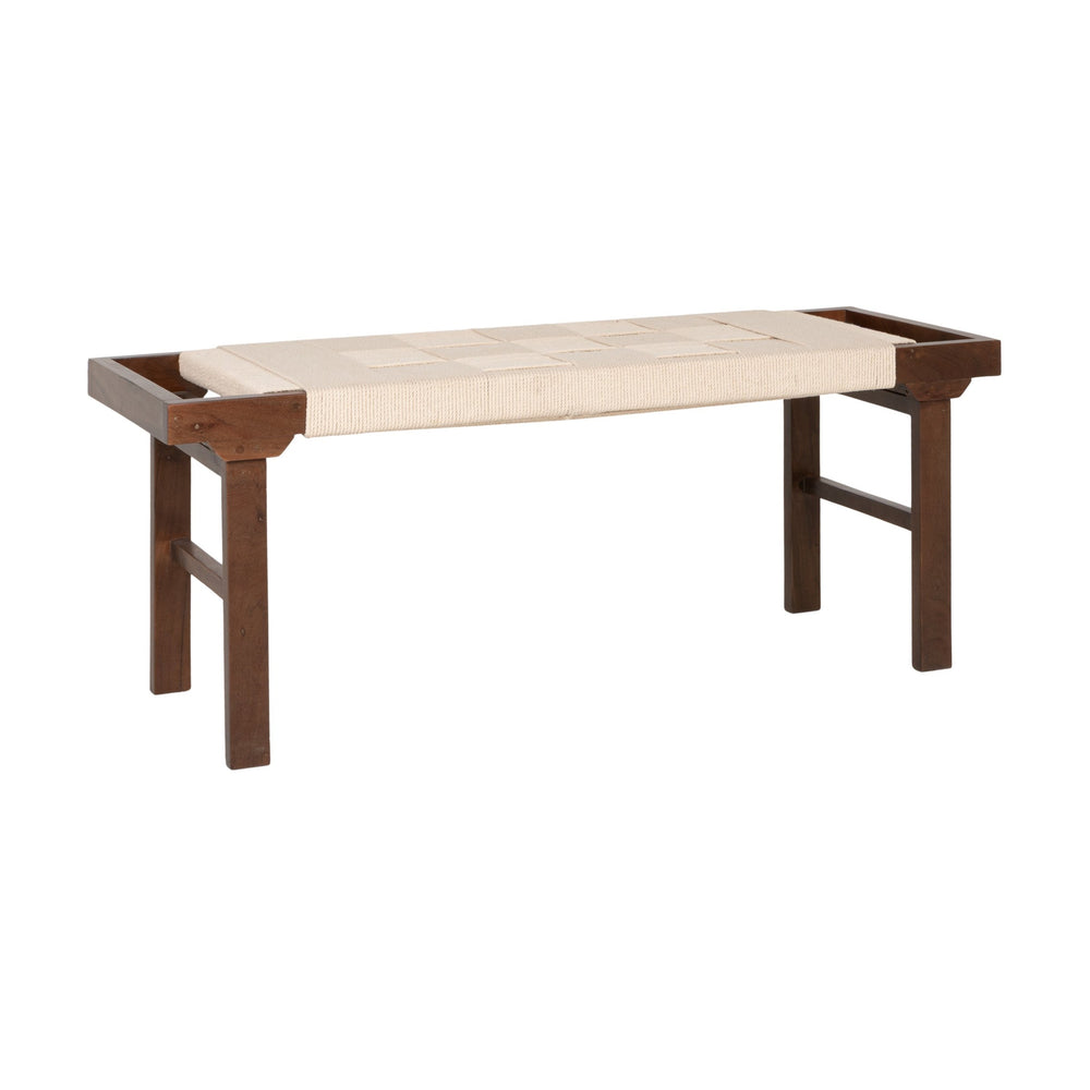 Rowena Interiors Rectangular Acacia Wood Bench with Handwoven Cotton Rope Seat for Entryway Bedroom EC2346