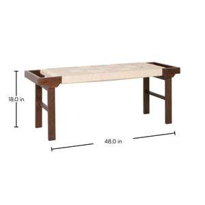 Rowena Interiors Rectangular Acacia Wood Bench with Handwoven Cotton Rope Seat for Entryway Bedroom EC2346