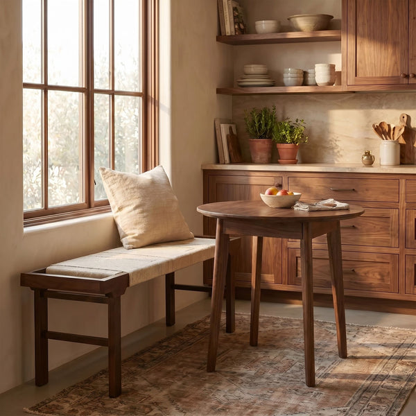 Rowena Interiors Rectangular Acacia Wood Bench with Handwoven Cotton Rope Seat for Entryway Bedroom EC2346