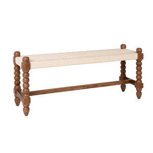 Rowena Interiors Mango Wood Entryway Bench Handwoven Cotton Seat Turned Legs Rustic Farmhouse Style EC2349
