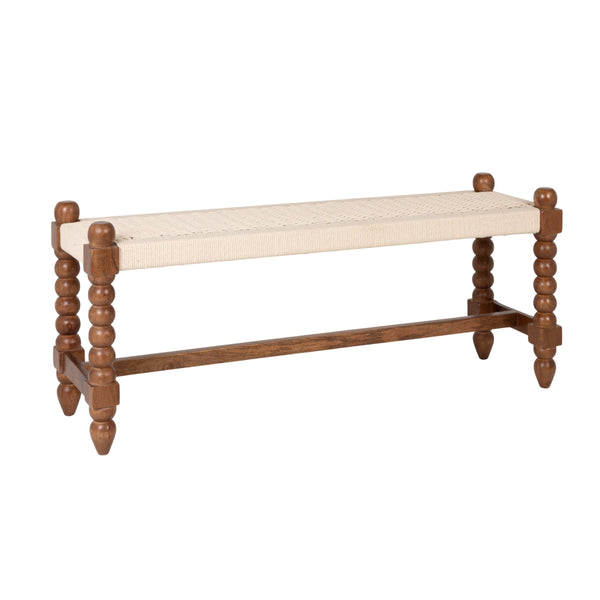 Rowena Interiors Mango Wood Entryway Bench Handwoven Cotton Seat Turned Legs Rustic Farmhouse Style EC2349