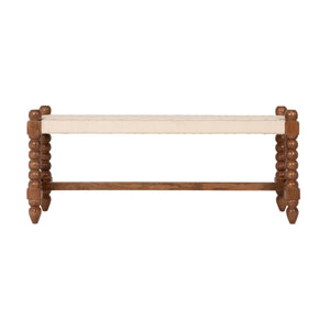 Rowena Interiors Mango Wood Entryway Bench Handwoven Cotton Seat Turned Legs Rustic Farmhouse Style EC2349