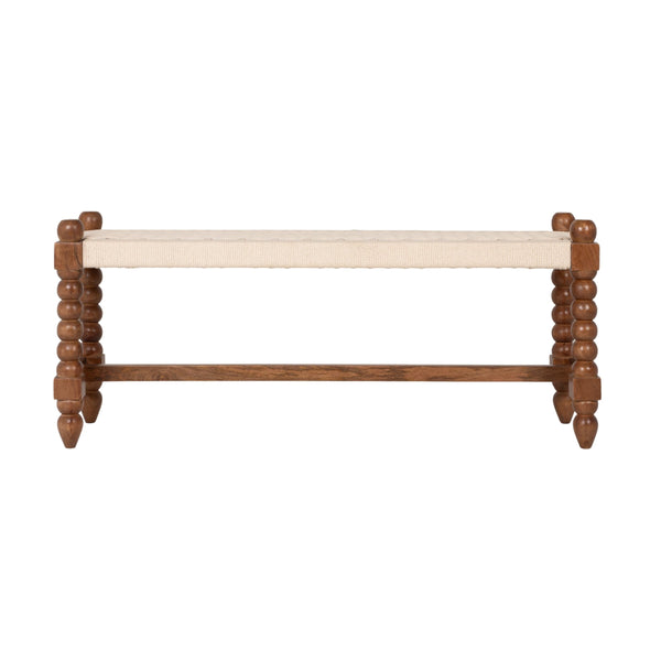 Rowena Interiors Mango Wood Entryway Bench Handwoven Cotton Seat Turned Legs Rustic Farmhouse Style EC2349