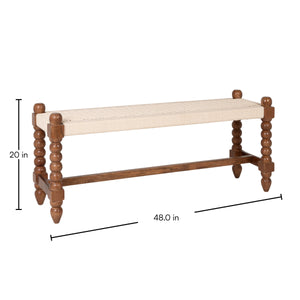 Rowena Interiors Mango Wood Entryway Bench Handwoven Cotton Seat Turned Legs Rustic Farmhouse Style EC2349
