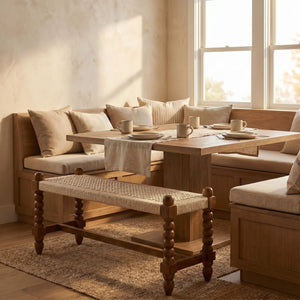 Rowena Interiors Mango Wood Entryway Bench Handwoven Cotton Seat Turned Legs Rustic Farmhouse Style EC2349