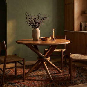 Rowena Interiors Round Solid Mango Wood Dining Table Crisscross Spindle Base Seats Four Farmhouse EC2350